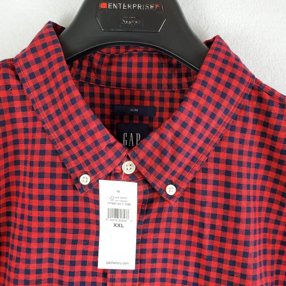 Gap Shirt Button Down Mens XXL Slim Red Black Plaid Long Sleeve Work Preppy Top - Picture 4 of 15